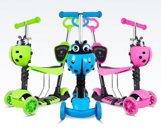 Patineta 5 en 1 diseño mariquita con luz y sonido