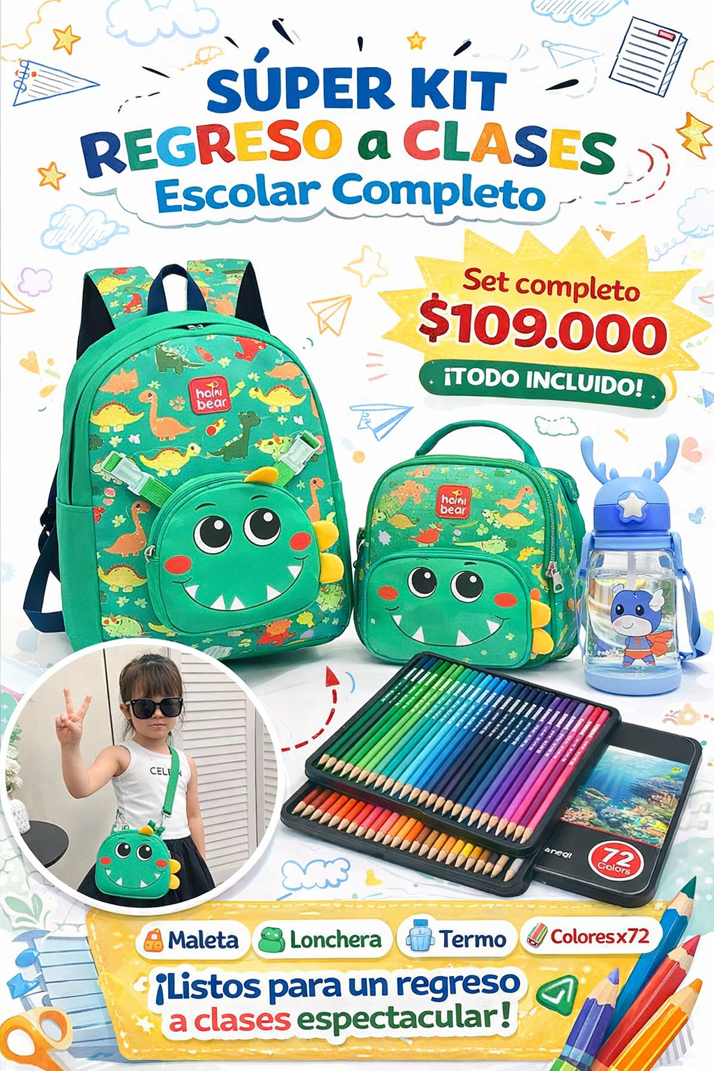 Set escolar, maleta, lonchera, termo y colores x 72