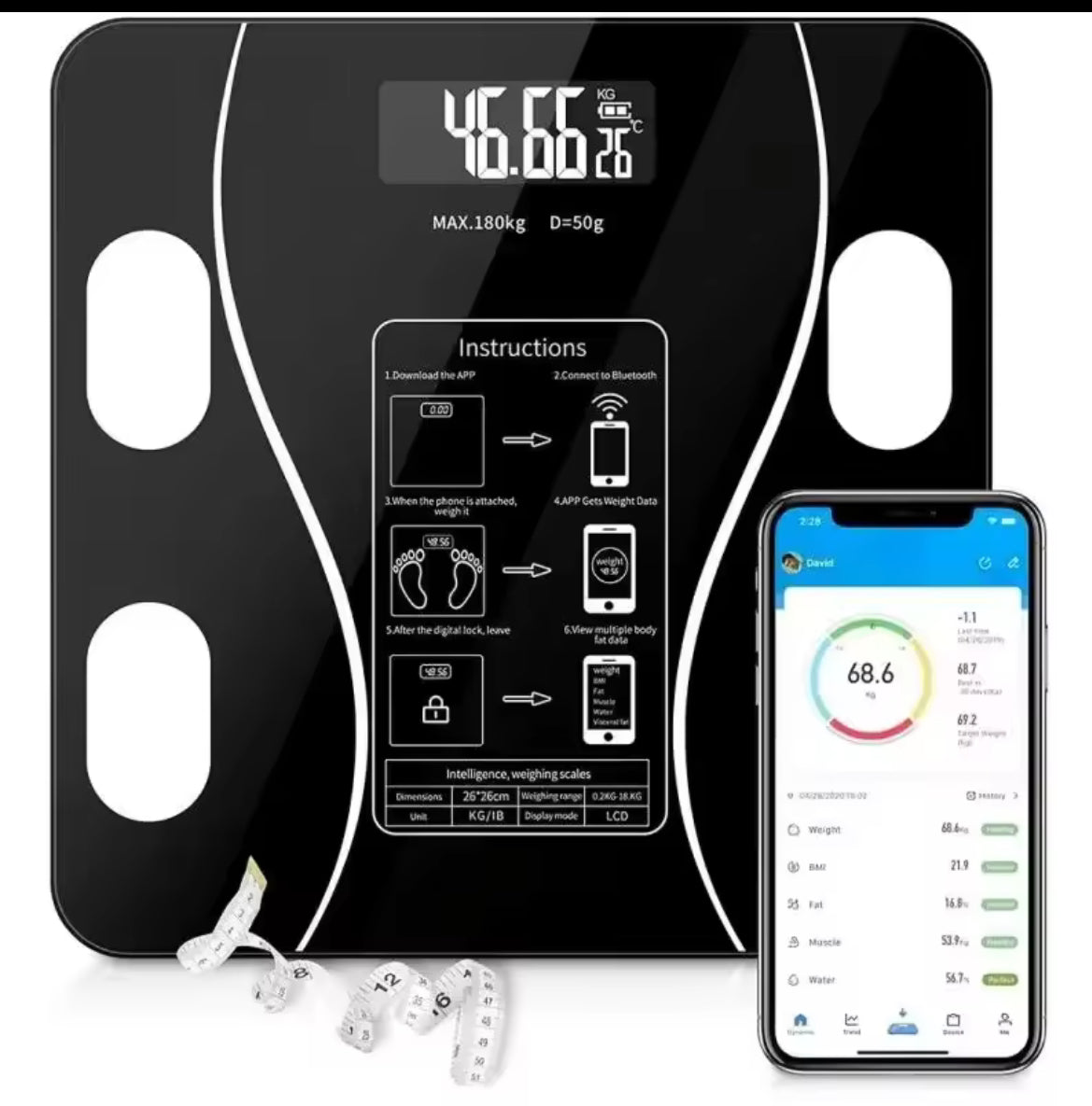 báscula inteligente, recargable con Bluetooth
