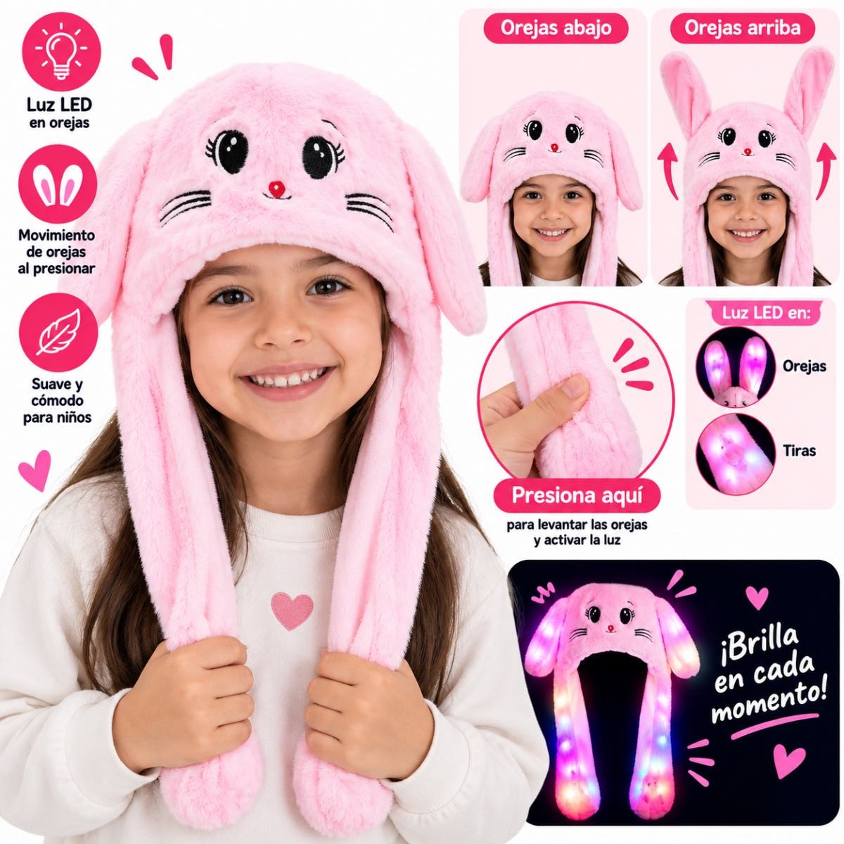 Gorro de peluche con luz led y movimiento de orejas