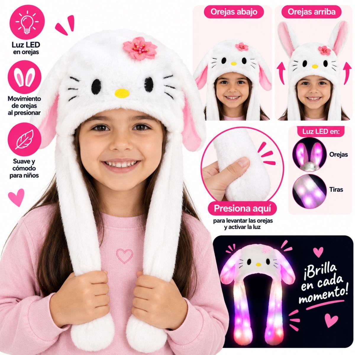 Gorro de peluche con luz led y movimiento de orejas