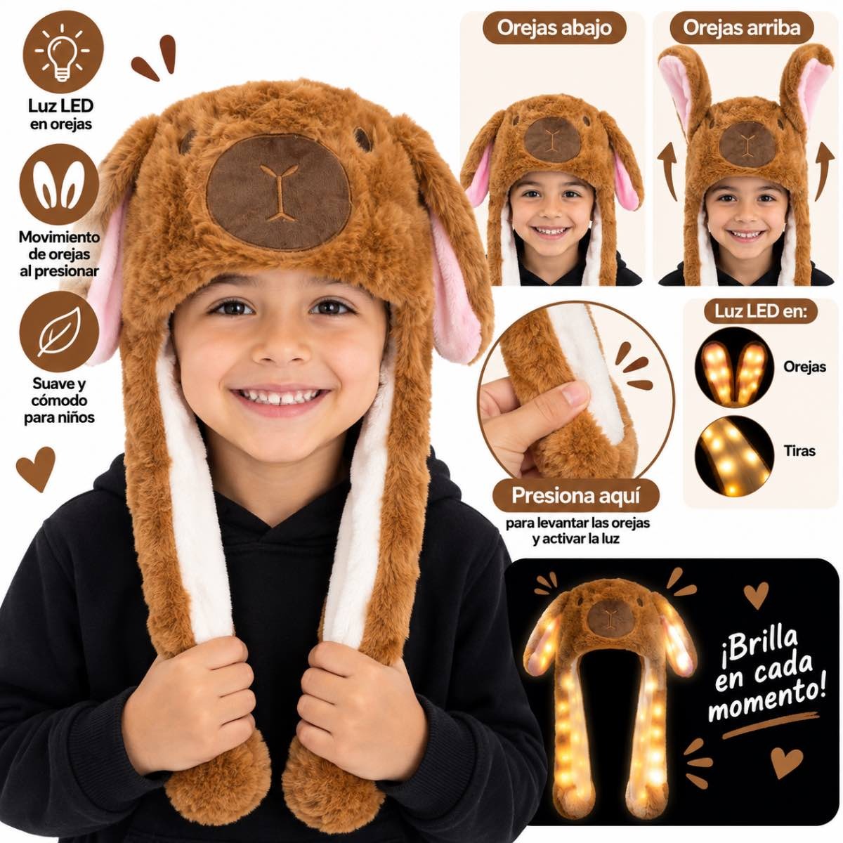Gorro de peluche con luz led y movimiento de orejas